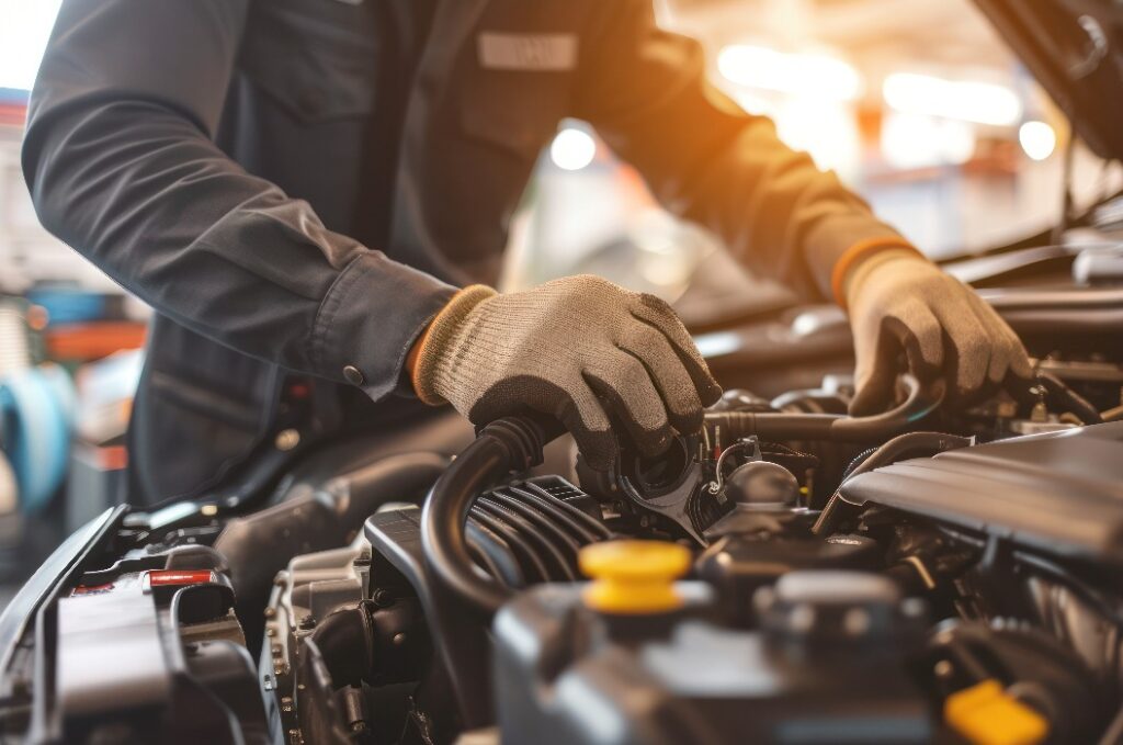 Automechaniker arbeitet an einem Automotor.