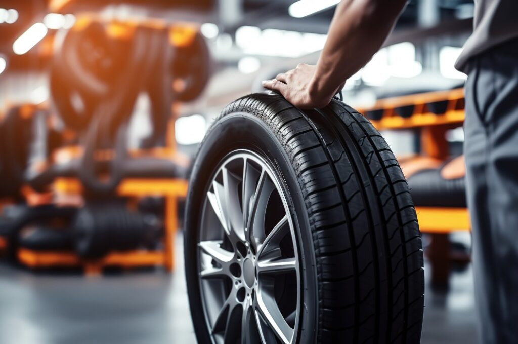 Der KFZ Mechaniker wechselt die Reifen bei einem Auto