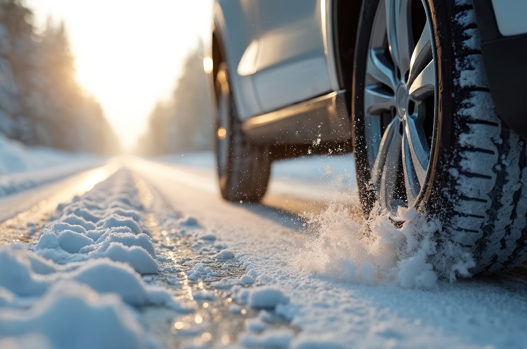 Auto fährt auf verschneiter Winterstraße. Autoreifen mit Schneeflocken. Winterliche Fahrbedingungen. Schnee fliegt unter den Rädern weg. Konzept des Reifenwechsels von Sommer auf Winter. Winterliche Straßenfahrt.